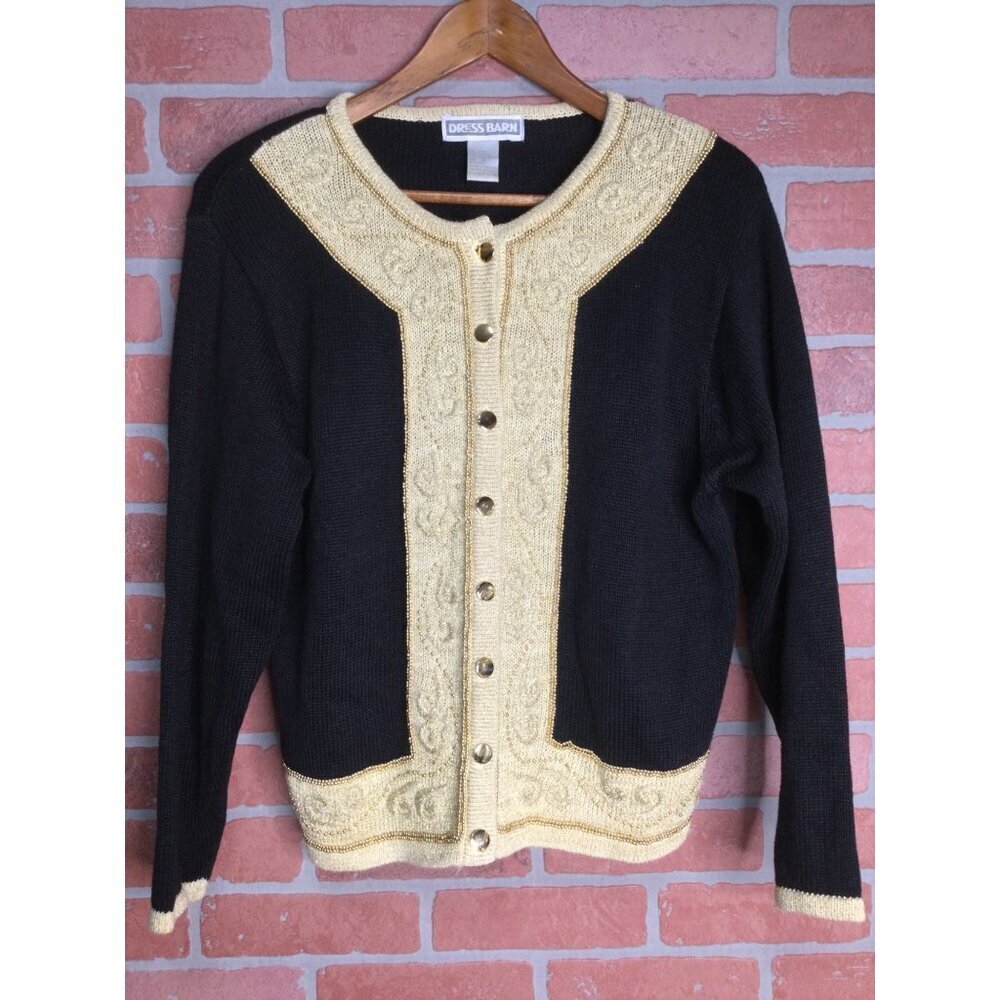 Vintage Sweater Cardigan Black Gold Metallic Beaded Old Money Womens Size M
